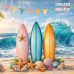 Tło fotograficzne „Kolorowe deski surfingowe z muszlami i falą oceanu” | 4057